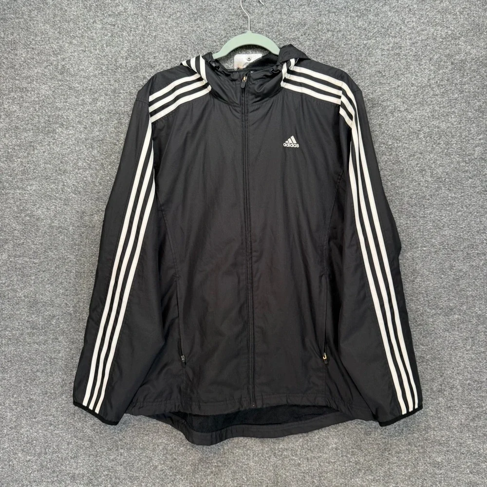 Vintage Adidas Windbreaker Jacket Mens Medium Black 3-Stripe Hooded Full Zip Y2K